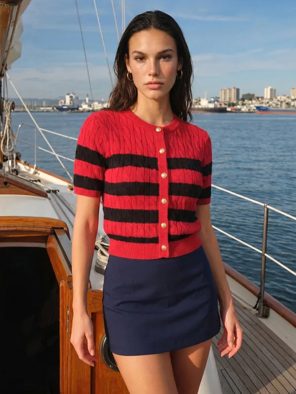 Striped Cable Knit Short Sleeve Cardigan made by COMMENSE