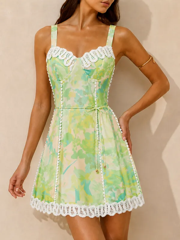Lace Trim Printed Cami Mini Dress made by COMMENSE