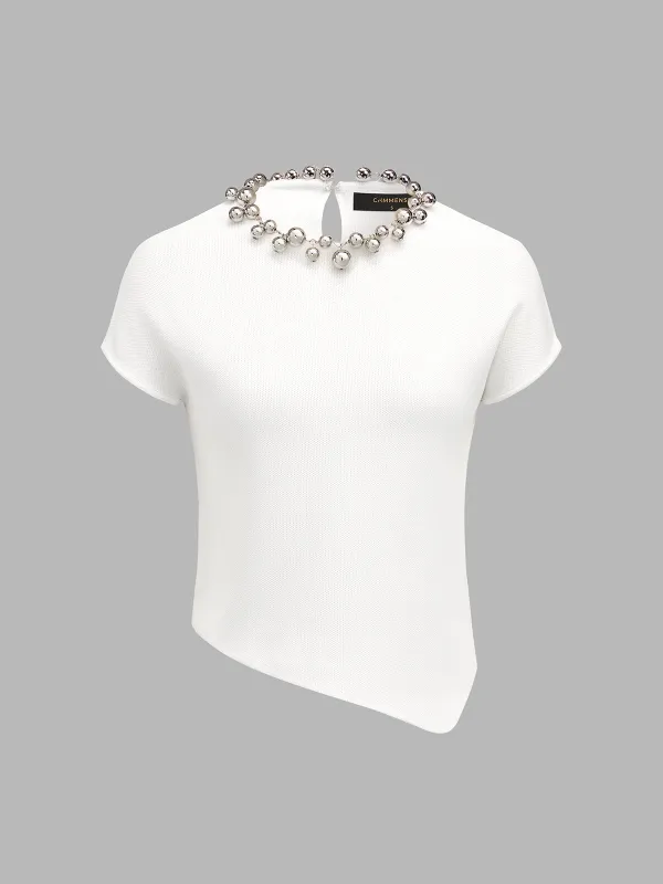 Beaded Collar Asymmetric Hem Top made by COMMENSE