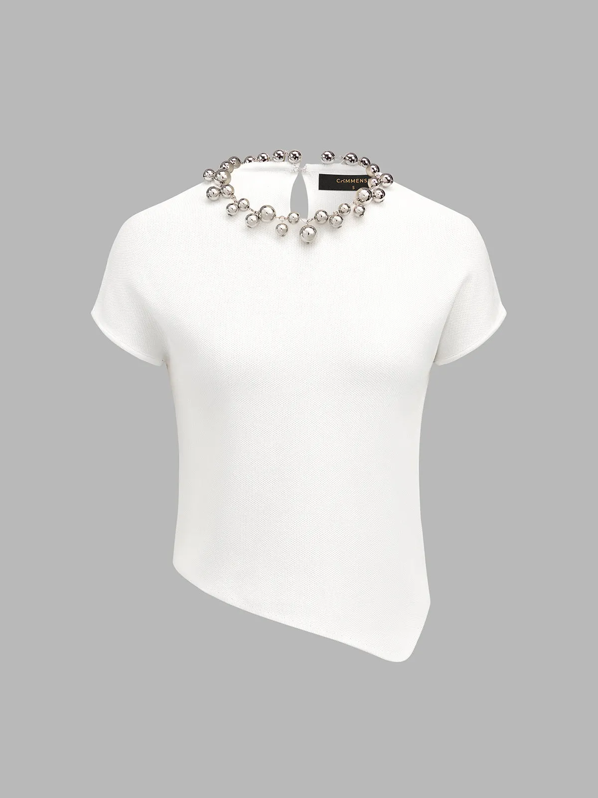 Beaded Collar Asymmetric Hem Top sold by COMMENSE