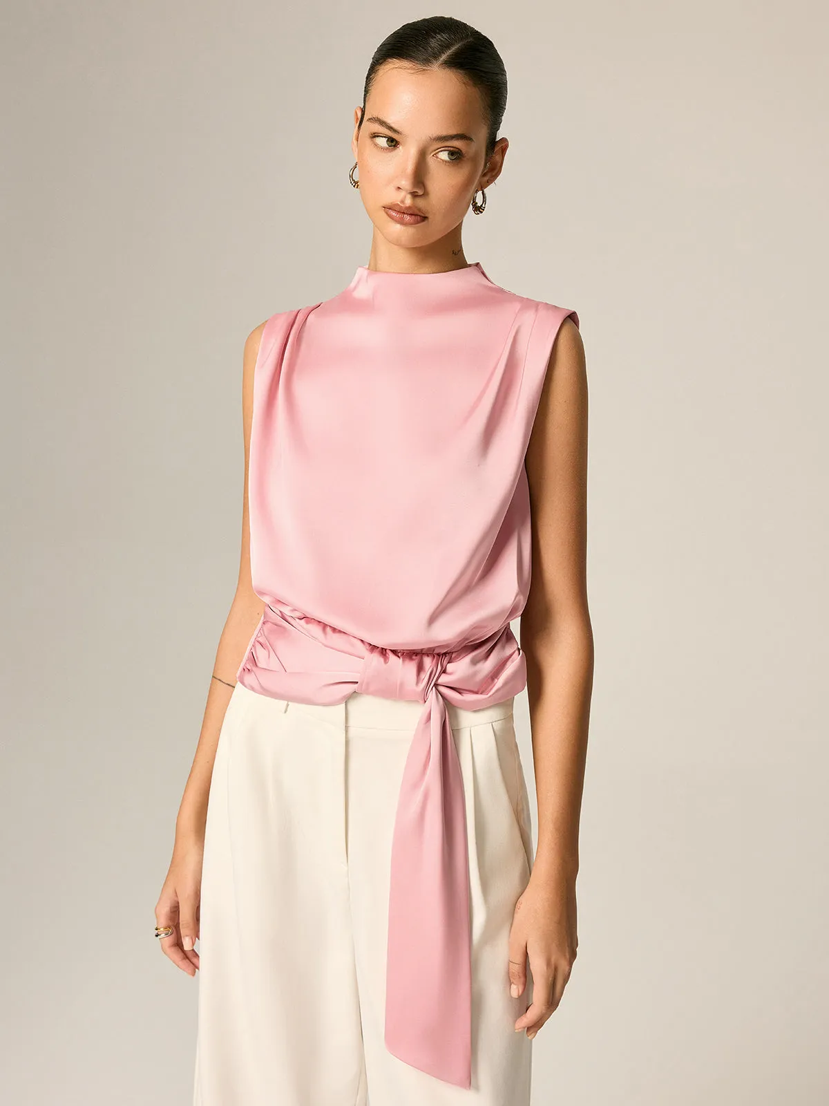 Draped Satin Tie Waist Sleeveless Blouse sold by COMMENSE product image thumbnail 3