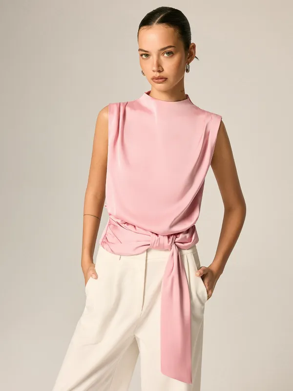 Draped Satin Tie Waist Sleeveless Blouse made by COMMENSE