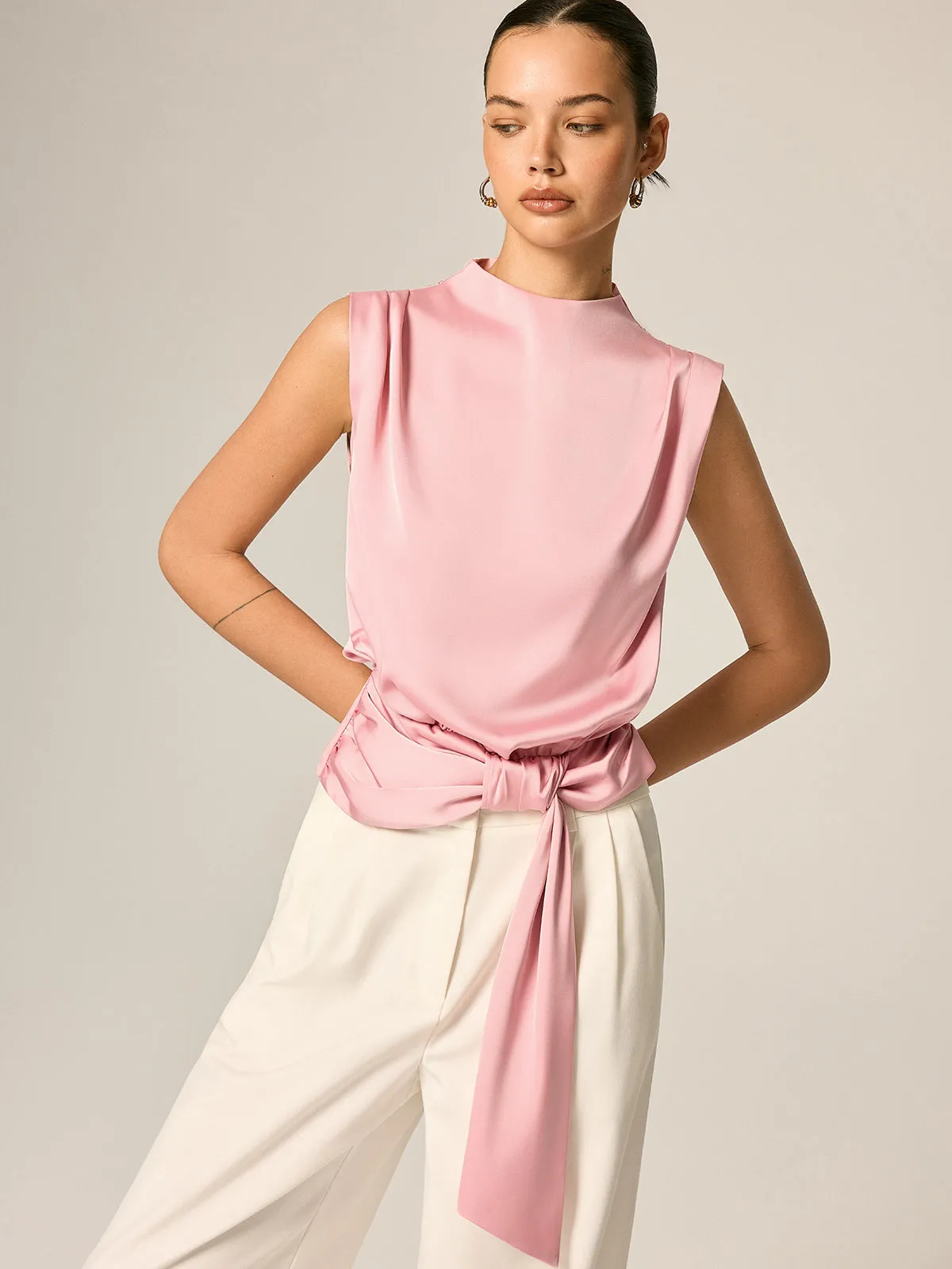 Draped Satin Tie Waist Sleeveless Blouse sold by COMMENSE product image thumbnail 5