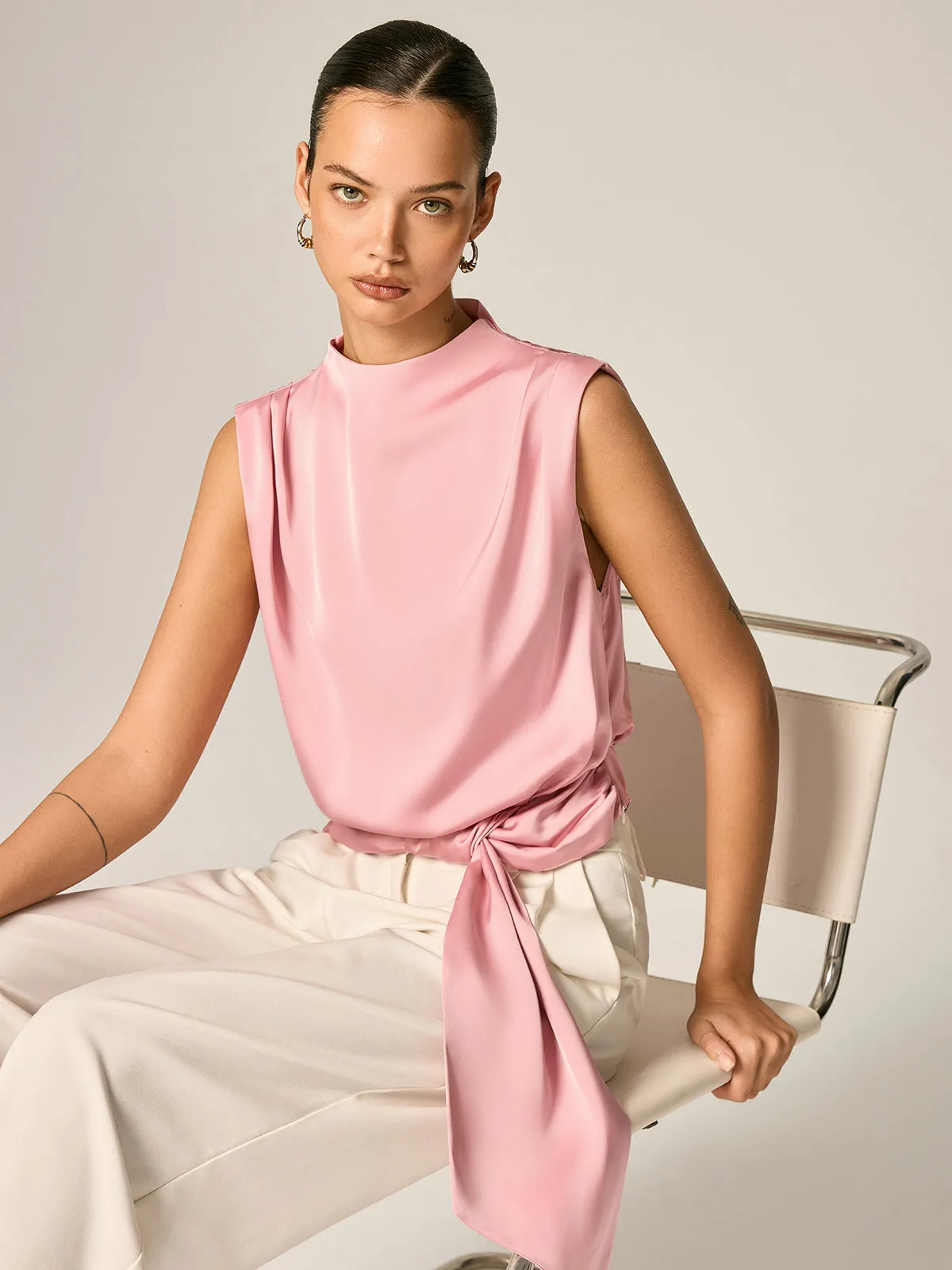 Draped Satin Tie Waist Sleeveless Blouse sold by COMMENSE product image thumbnail 2