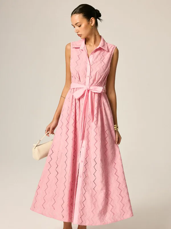Eyelet Embroidery Belted Shirt Maxi Dress made by COMMENSE