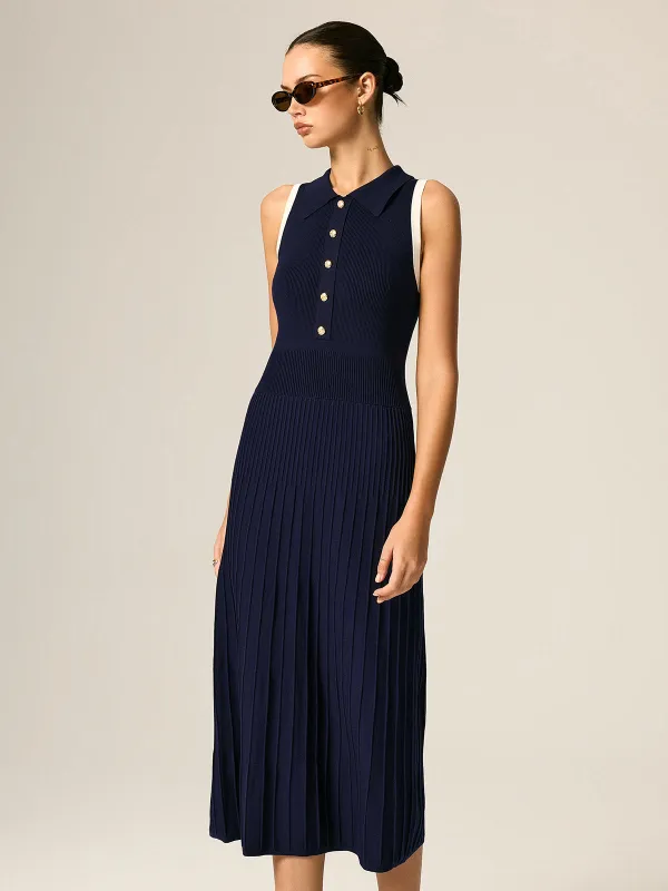 Contrast Trim Polo Ribbed Knit Maxi Dress made by COMMENSE