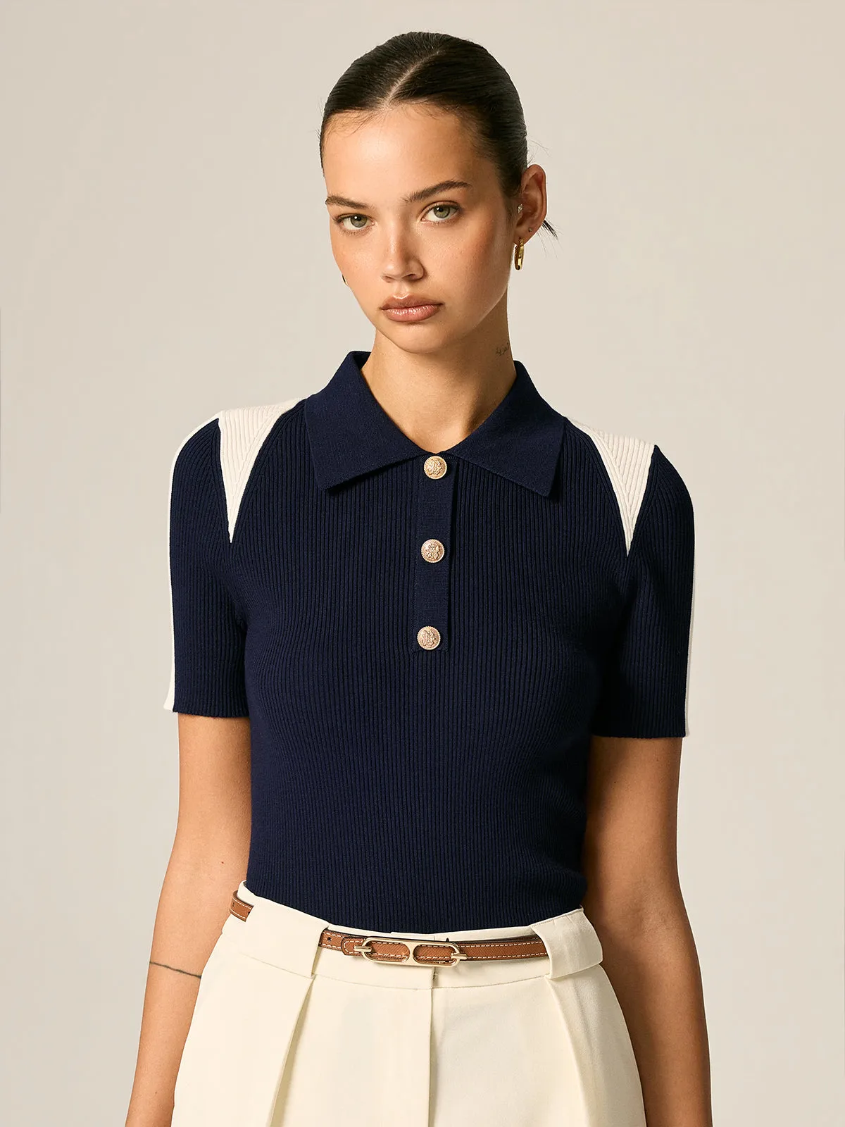Color Block Polo Ribbed Knit Top sold by COMMENSE product image thumbnail 5