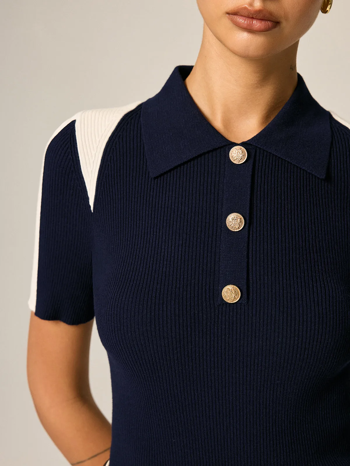Color Block Polo Ribbed Knit Top sold by COMMENSE product image thumbnail 2