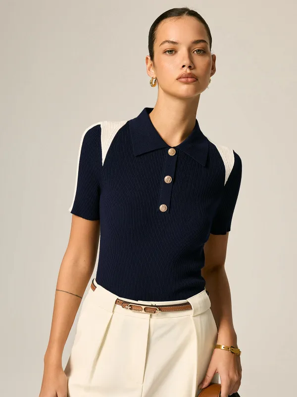 Color Block Polo Ribbed Knit Top made by COMMENSE