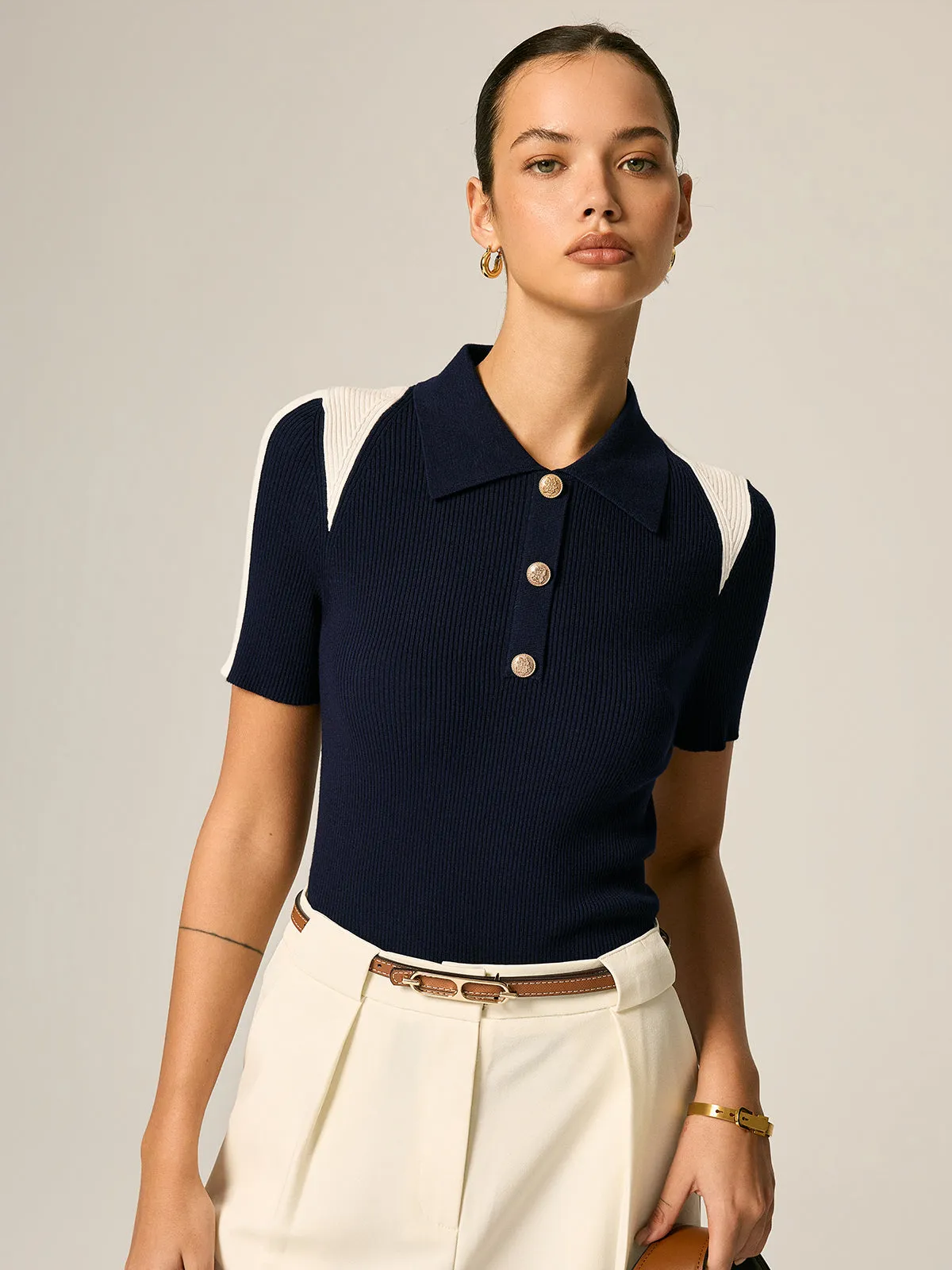 Color Block Polo Ribbed Knit Top sold by COMMENSE