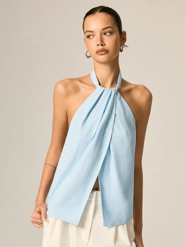 Halter Neck Front Slit Linen Blend Top made by COMMENSE