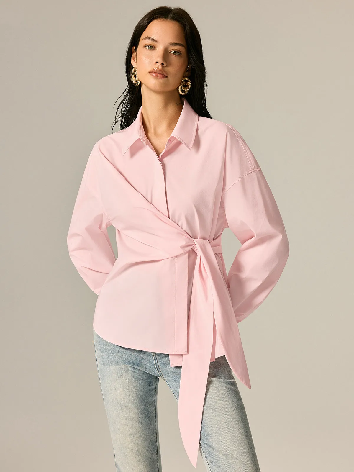Wrap Tie Waist Oversized Shirt sold by COMMENSE product image thumbnail 4