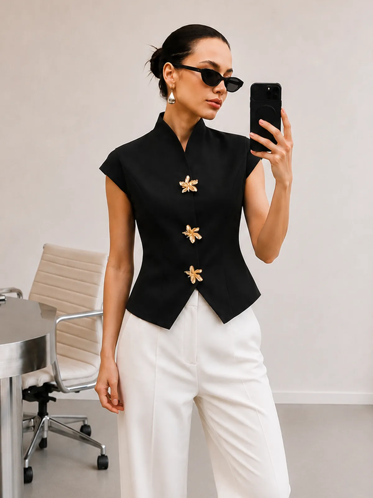 Flower Buttons Cap Sleeve Blouse sold by COMMENSE