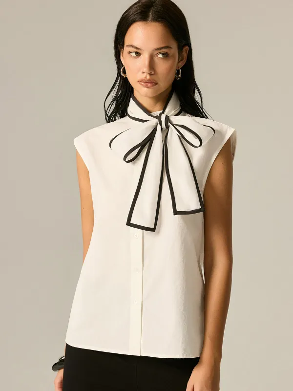 Contrast Trim Bow Tie Sleeveless Blouse made by COMMENSE