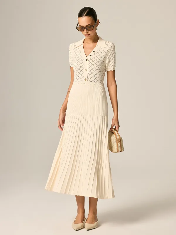 Polo Collar Hollow Knit Pleated Maxi Dress made by COMMENSE