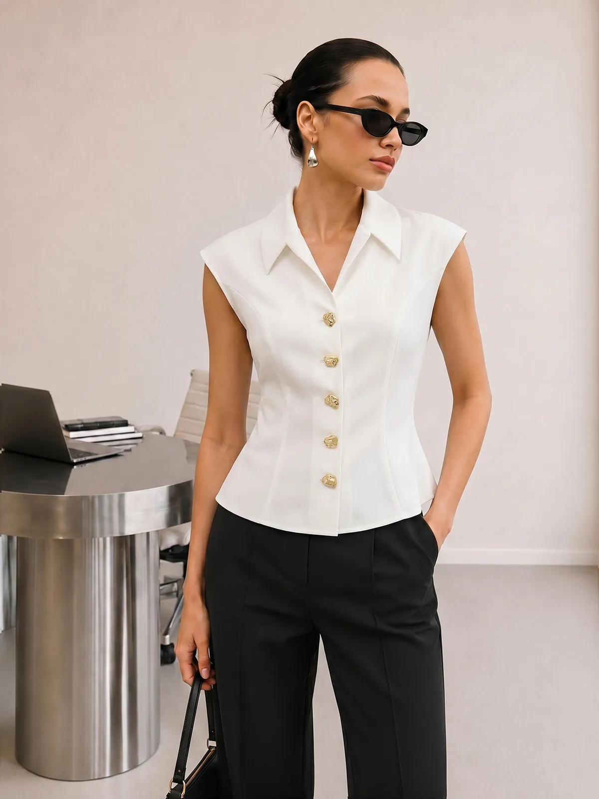 Collared Metal Button Sleeveless Blouse sold by COMMENSE