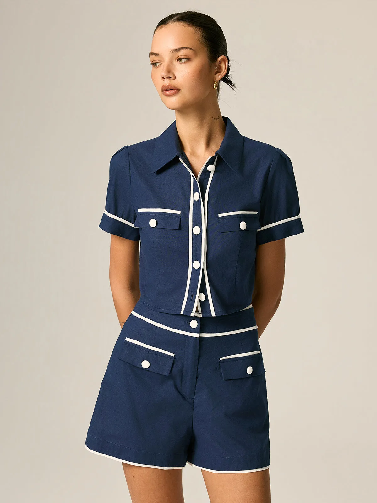 Contrast Trim Cotton Linen Two Piece Shorts Set sold by COMMENSE product image thumbnail 2