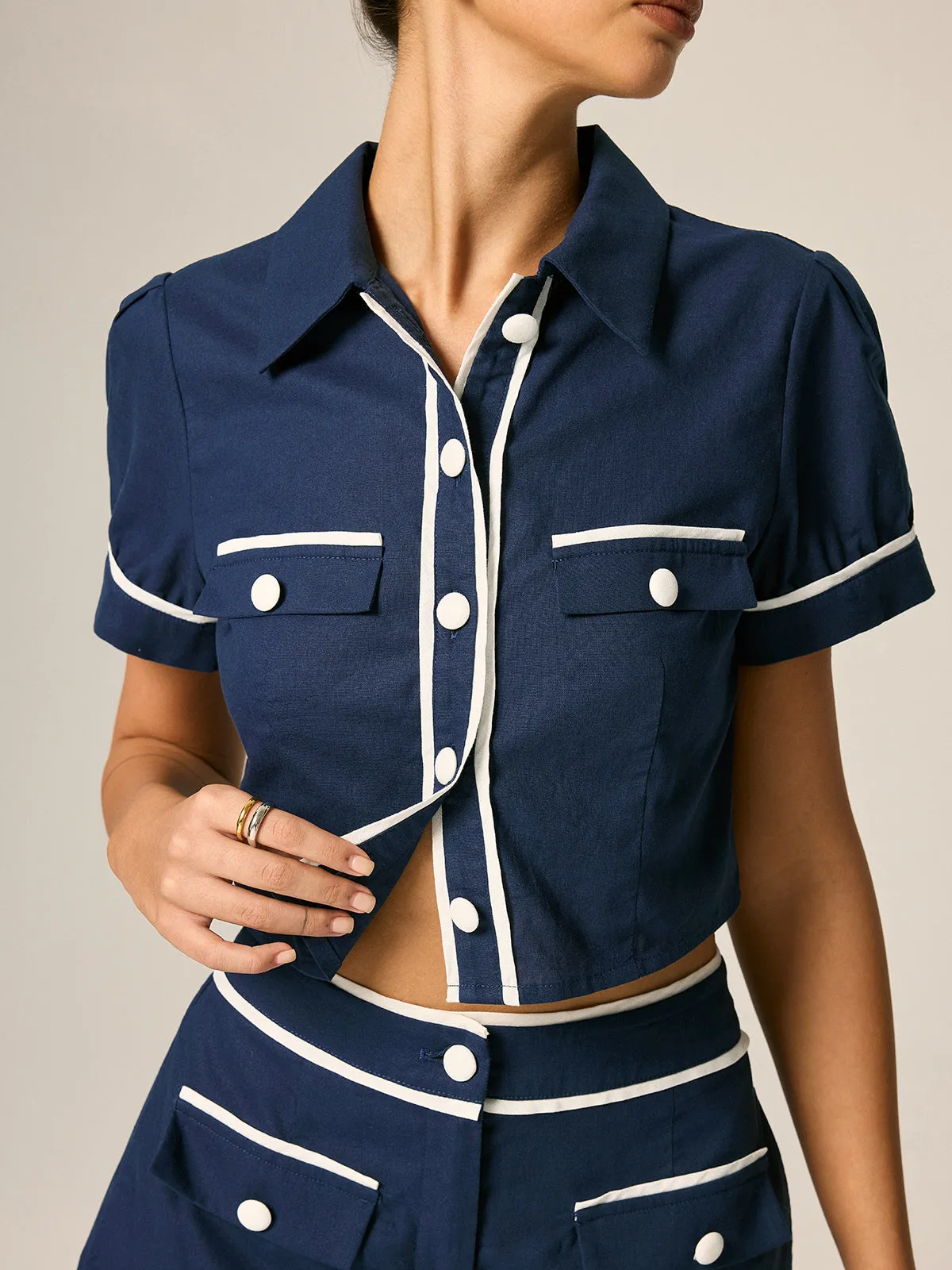 Contrast Trim Cotton Linen Two Piece Shorts Set sold by COMMENSE product image thumbnail 3