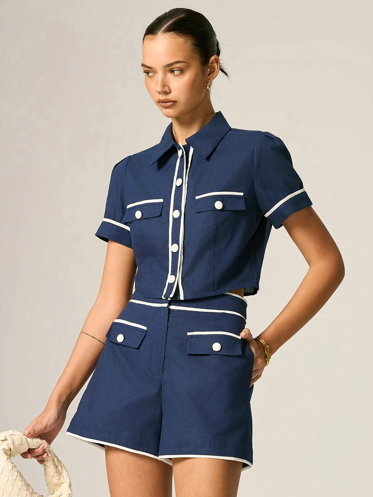 Contrast Trim Cotton Linen Two Piece Shorts Set sold by COMMENSE product image thumbnail 4