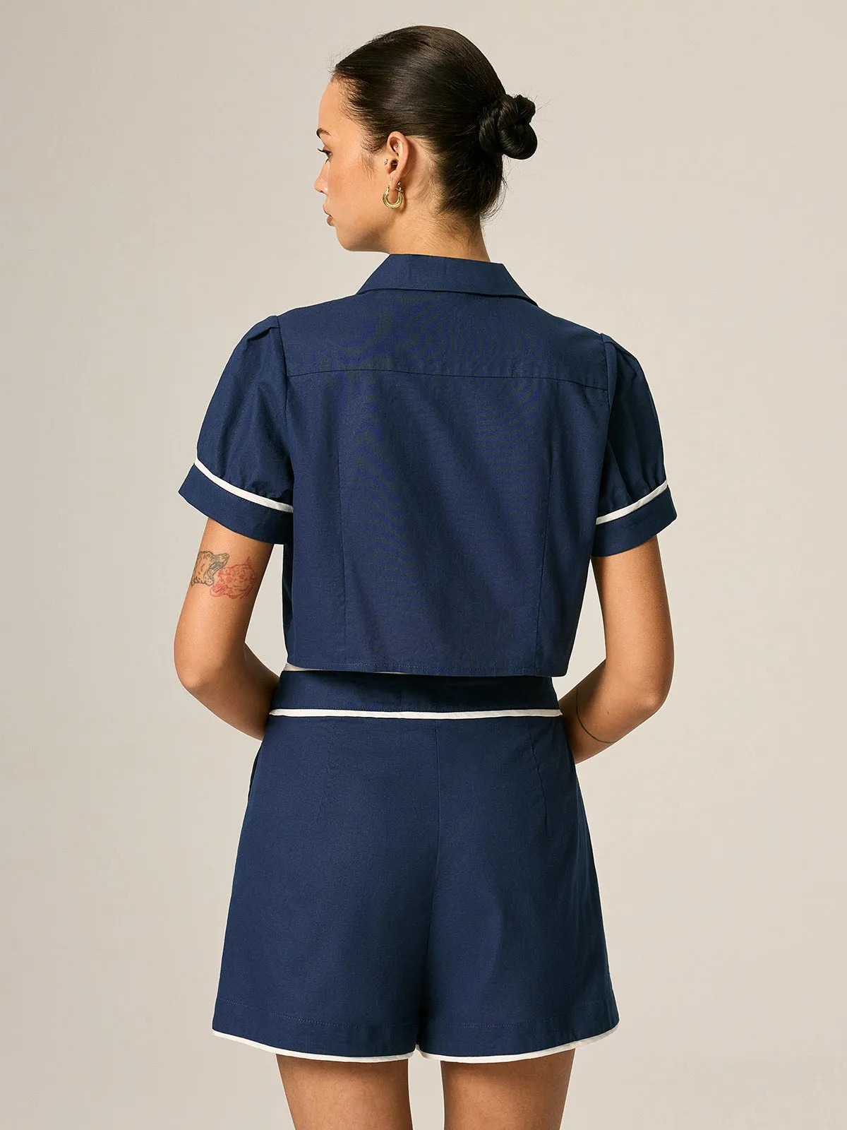 Contrast Trim Cotton Linen Two Piece Shorts Set sold by COMMENSE product image thumbnail 5