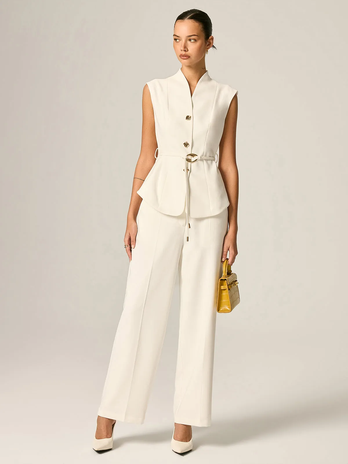 Stand Collar Belted Vest & Pants Set sold by COMMENSE product image thumbnail 4