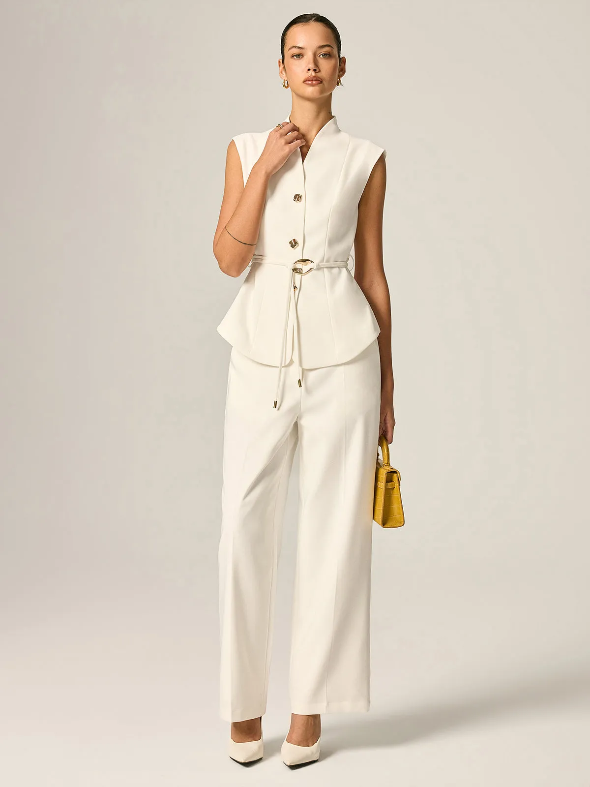 Stand Collar Belted Vest & Pants Set sold by COMMENSE