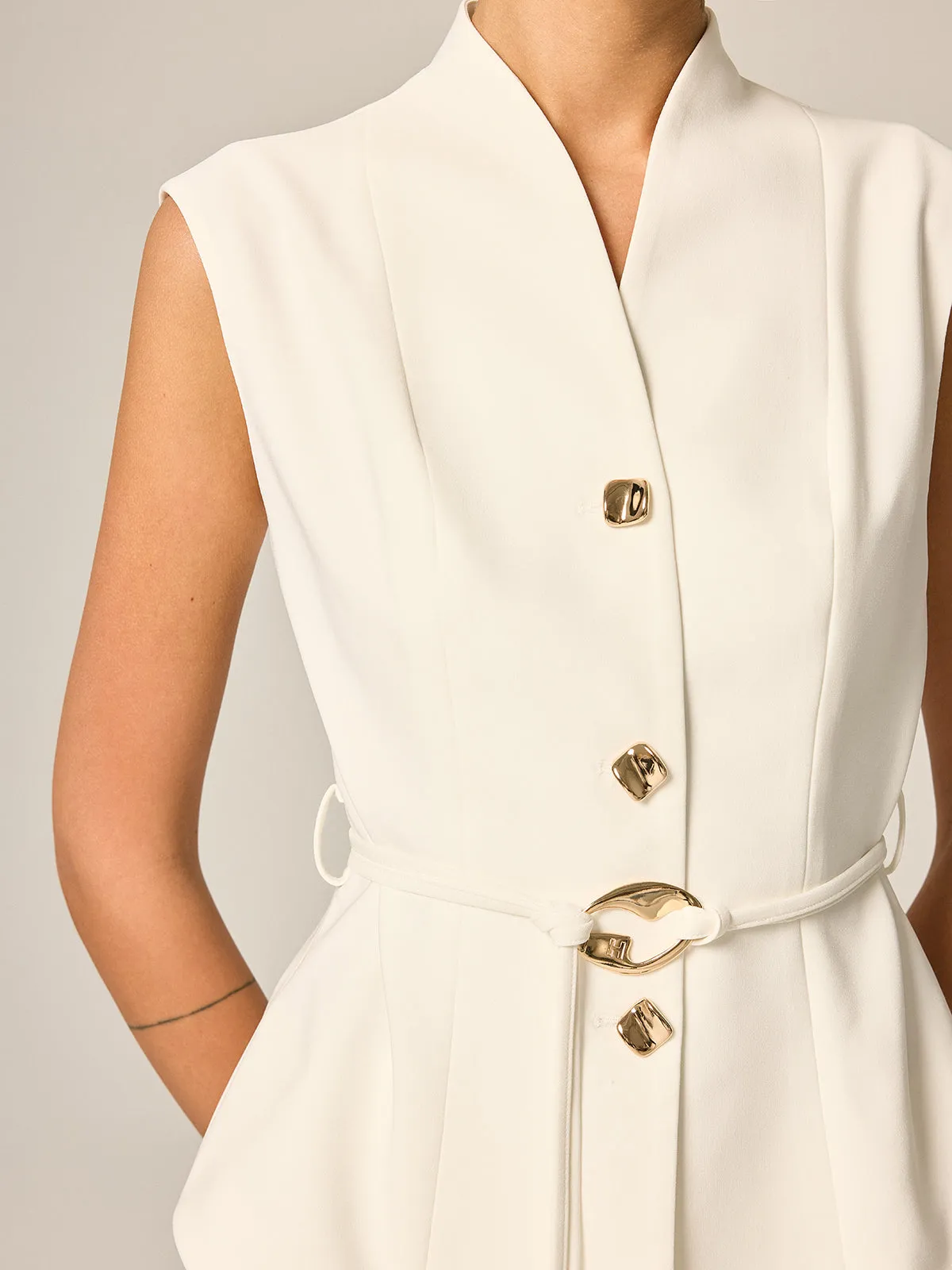 Stand Collar Belted Vest & Pants Set sold by COMMENSE product image thumbnail 5