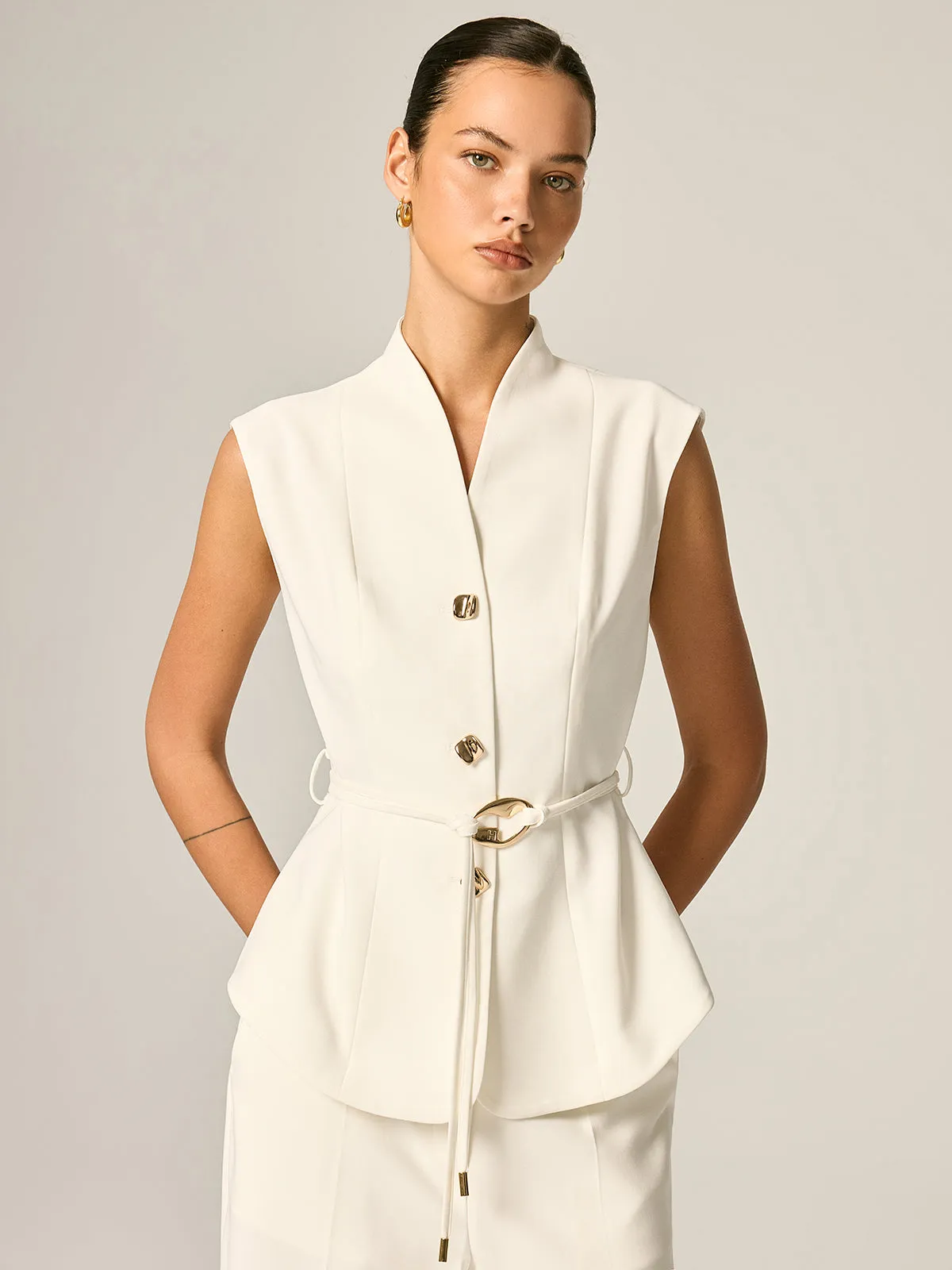 Stand Collar Belted Vest & Pants Set sold by COMMENSE product image thumbnail 2