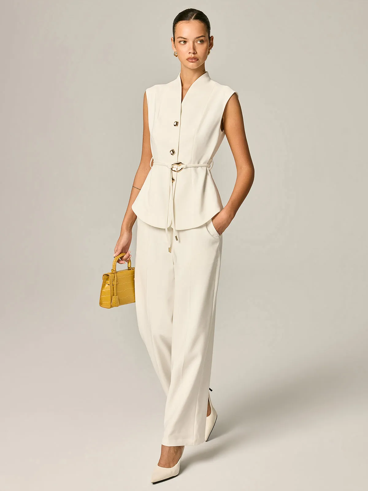 Stand Collar Belted Vest & Pants Set sold by COMMENSE product image thumbnail 3