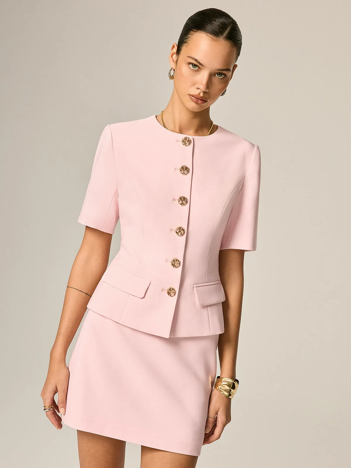 Short Sleeve Fitted Blazer & Mini Skirt Set sold by COMMENSE product image thumbnail 4