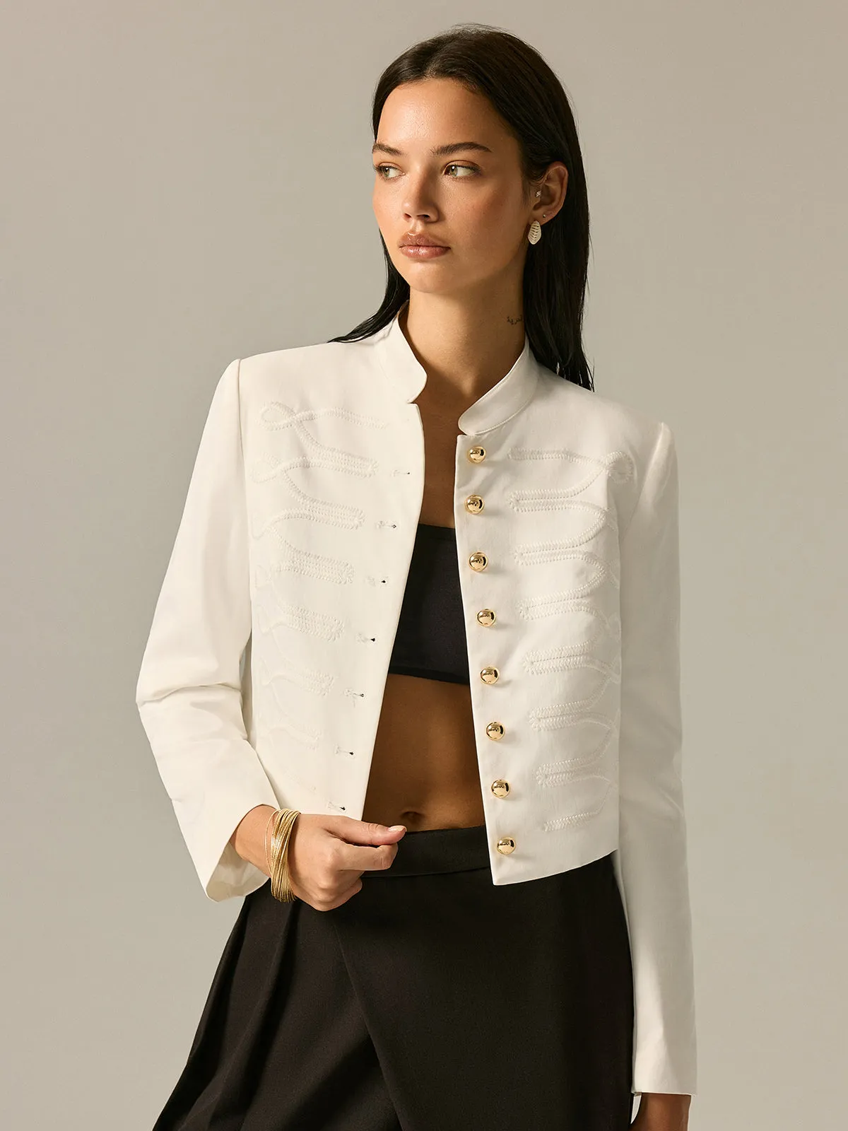 Stand Collar Embroidery Metal Button Jacket sold by COMMENSE product image thumbnail 5