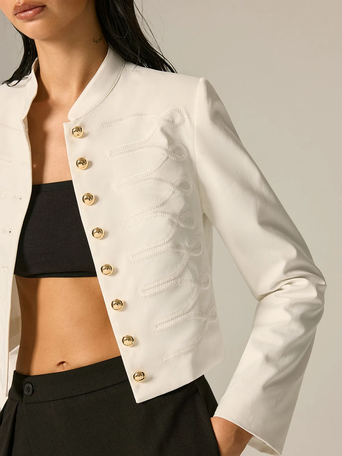 Stand Collar Embroidery Metal Button Jacket sold by COMMENSE product image thumbnail 3