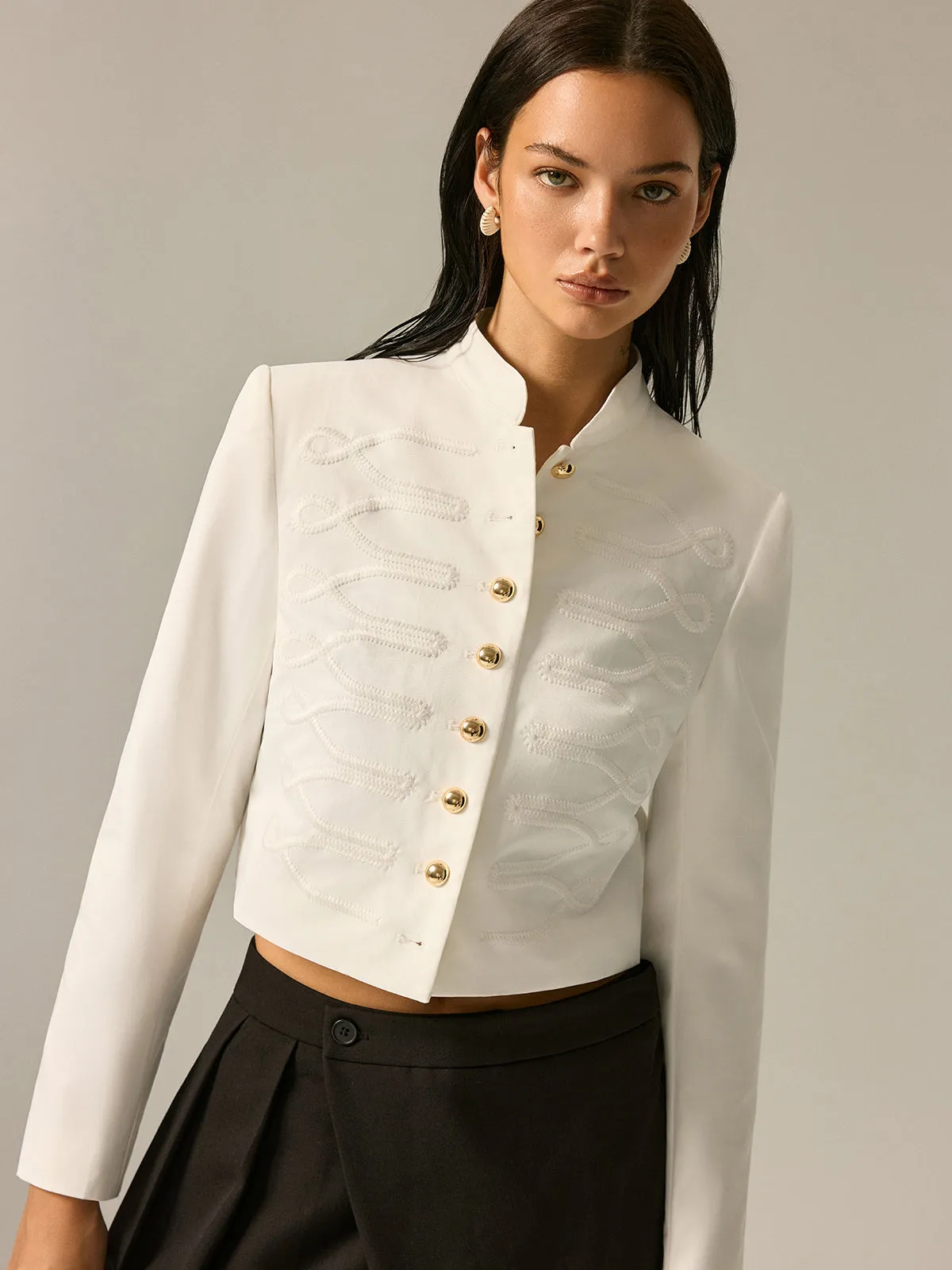 Stand Collar Embroidery Metal Button Jacket sold by COMMENSE product image thumbnail 4