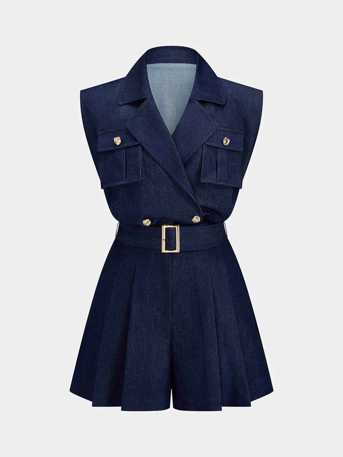 Lapel Belted Sleeveless Pleated Romper sold by COMMENSE product image thumbnail 2