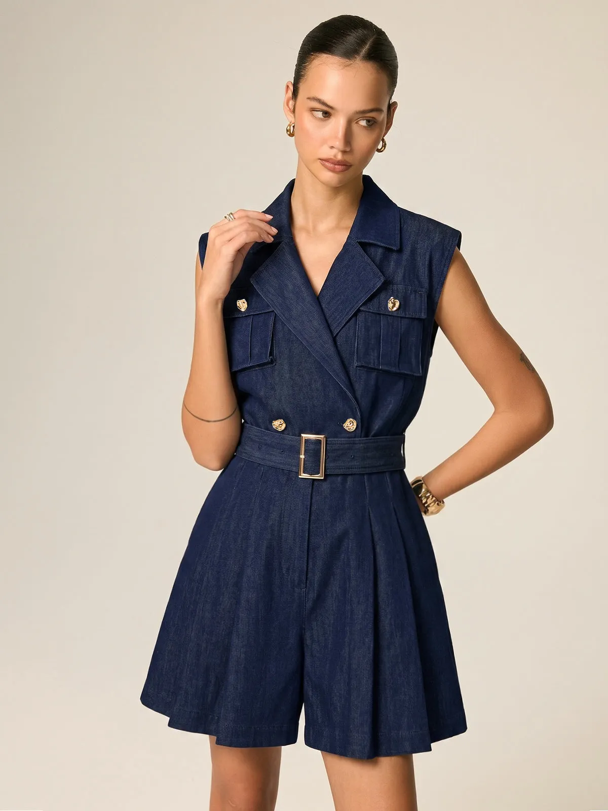 Lapel Belted Sleeveless Pleated Romper sold by COMMENSE