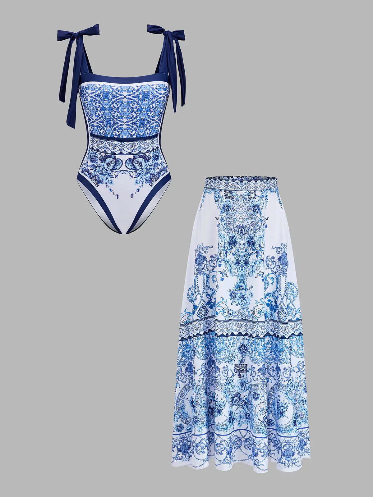 Tie-Strap Printed One-Piece Swimsuit & Skirt Set sold by COMMENSE