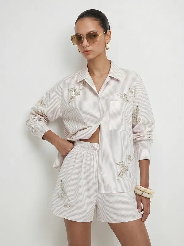 Striped Sequin Leaf Long Sleeve Shirt made by COMMENSE