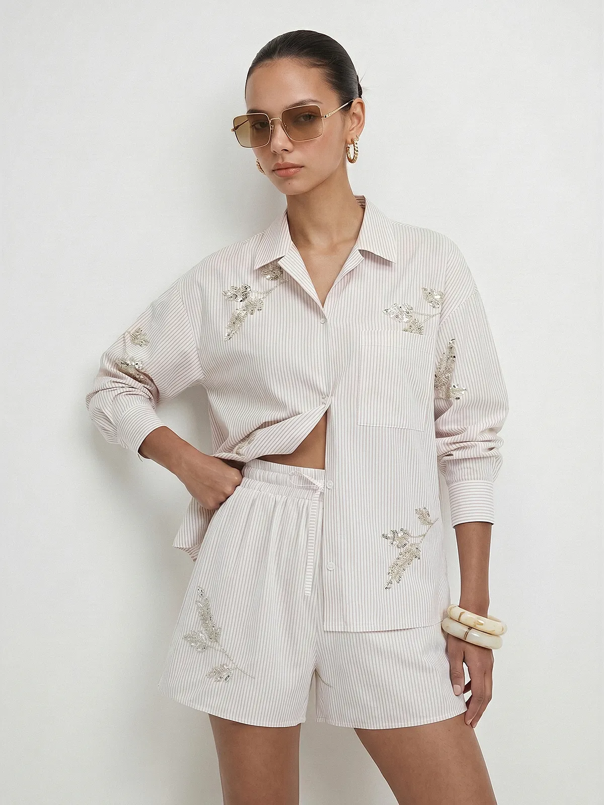 Striped Sequin Leaf Long Sleeve Shirt sold by COMMENSE