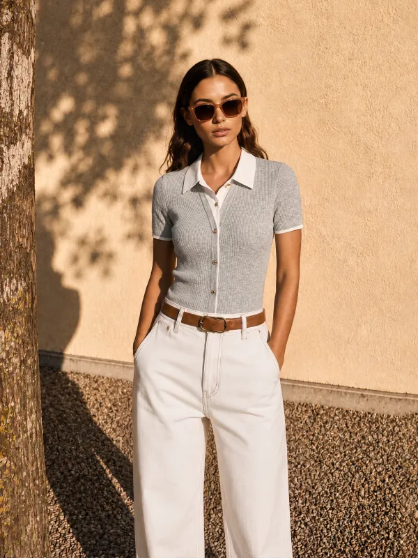 Fake Collar Ribbed Knit Short Sleeve Top made by COMMENSE