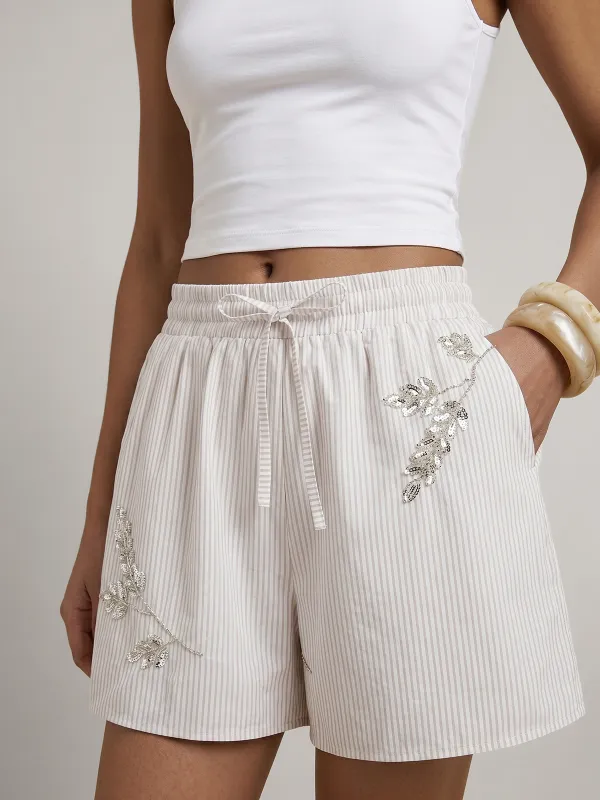 Striped Sequin Leaf Drawstring Casual Shorts made by COMMENSE