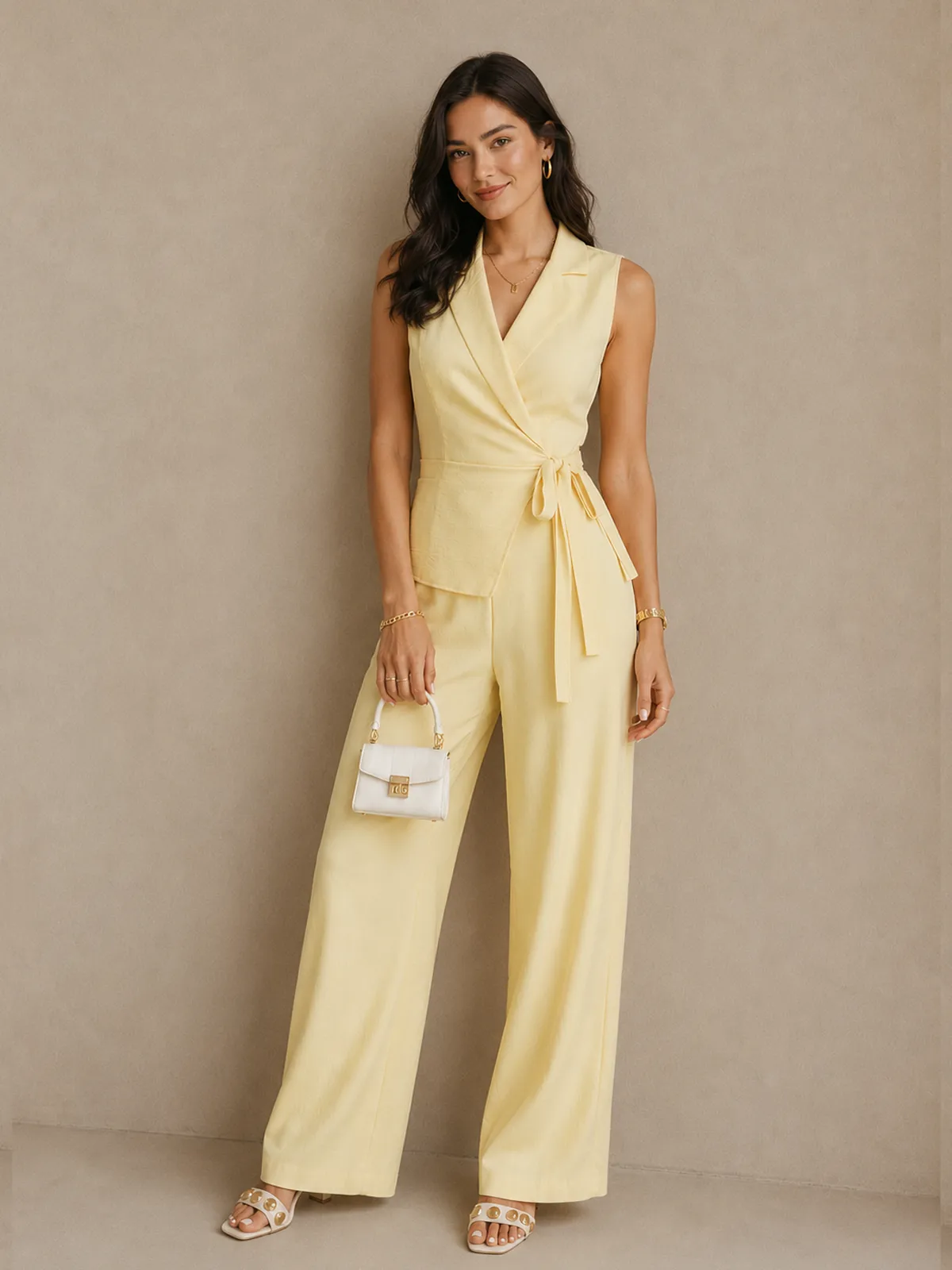 Lapel Wrap Tie Waist Wide Leg Jumpsuit sold by COMMENSE
