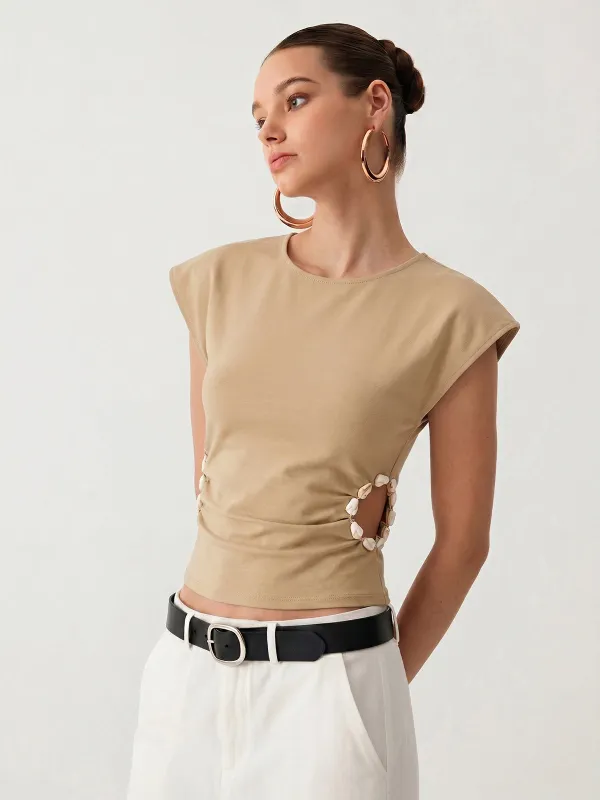 Beaded Cutout Ruched Sleeveless Top made by COMMENSE