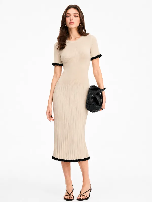 Ruffle Trim Ribbed Bodycon Midi Dress made by COMMENSE