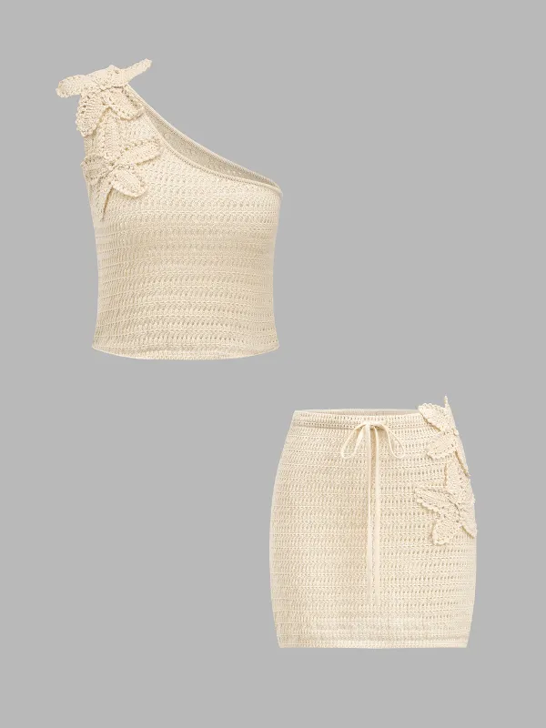 Floral Crochet One Shoulder Top & Mini Skirt Set made by COMMENSE