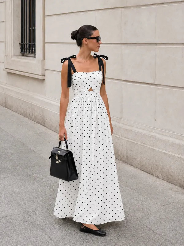 Bow Strap Polka Dot Midi Slip Dress made by COMMENSE