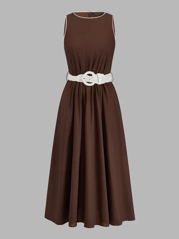 Sleeveless Belted Cotton Linen Midi Dress made by COMMENSE