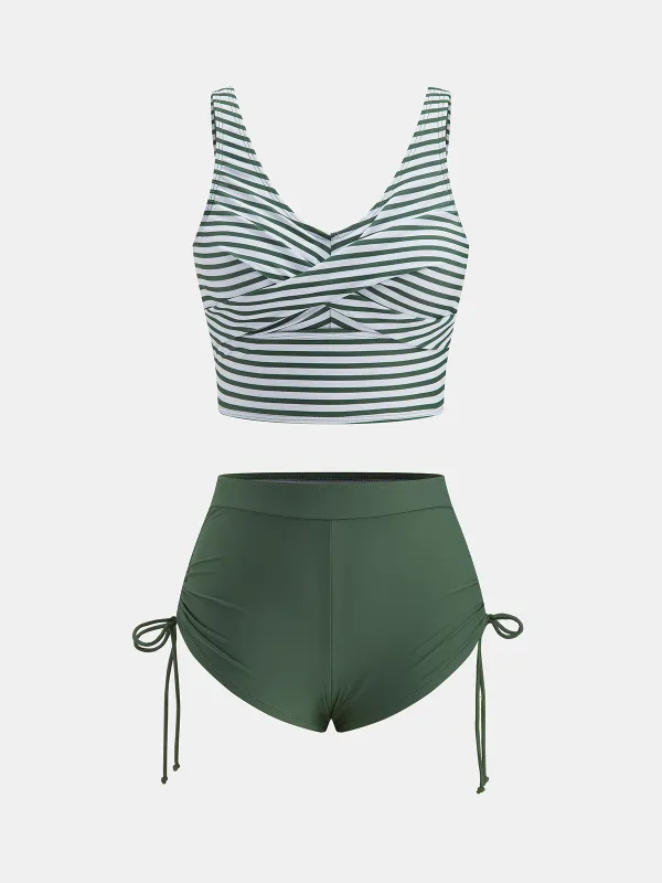 Crisscross Striped Drawstring Bikini Set made by COMMENSE