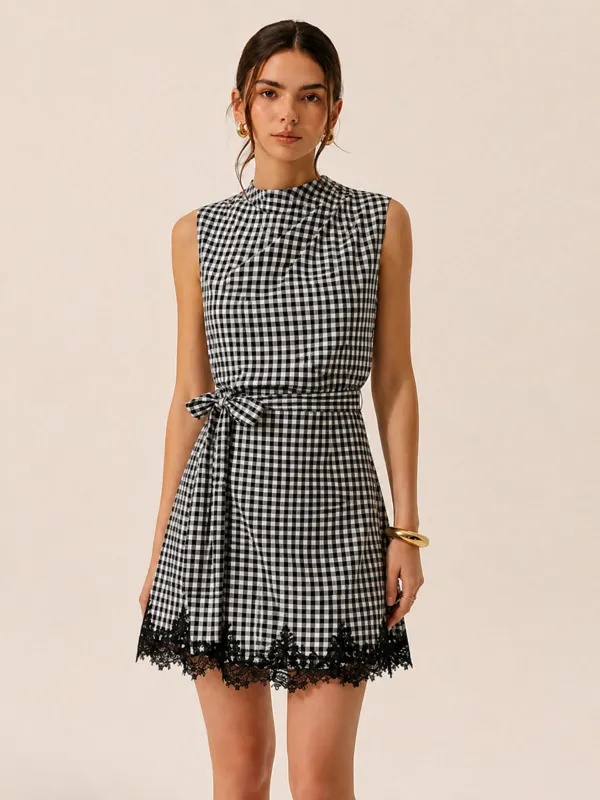 Gingham Tie-Waist Lace Trim Mini Dress made by COMMENSE