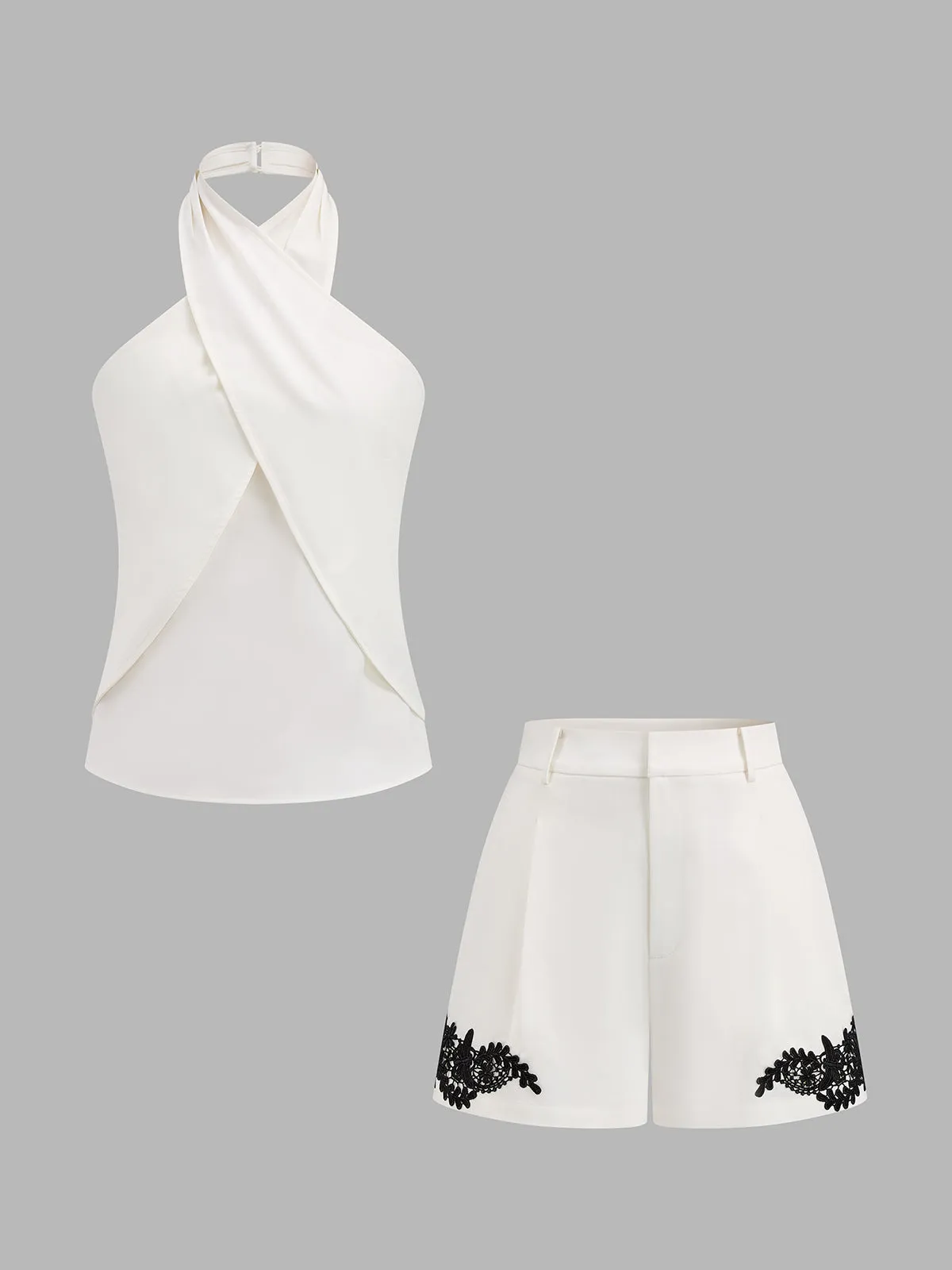 Cross Halter Top & Lace Applique Shorts Set sold by COMMENSE product image thumbnail 2