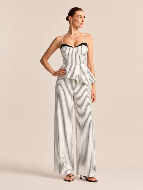 Lace Trim Striped Peplum Top & Pants Set made by COMMENSE